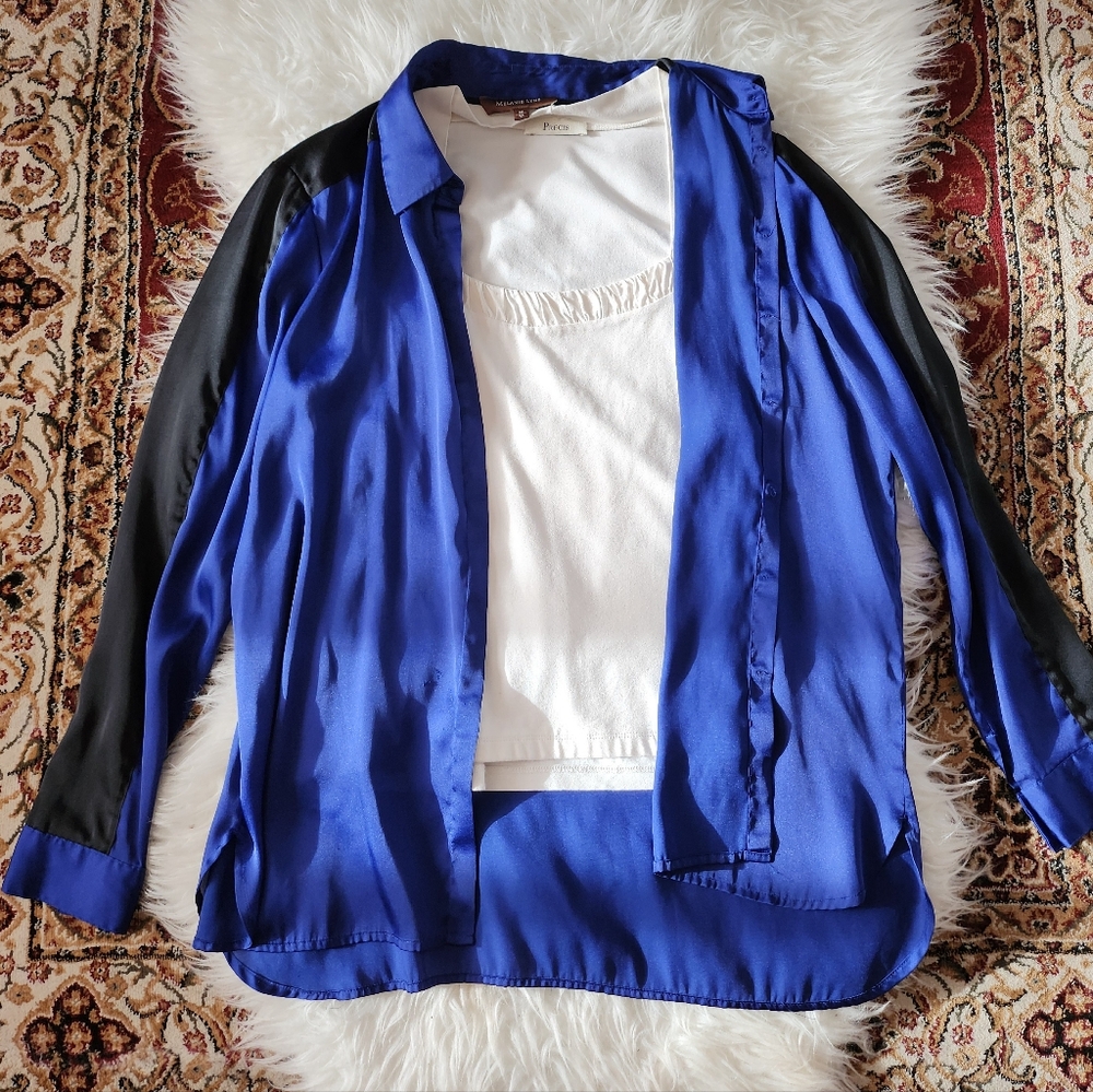 Melanie Lyne Silk Blue and Black Button-Up Shirt - Picture 3 of 4